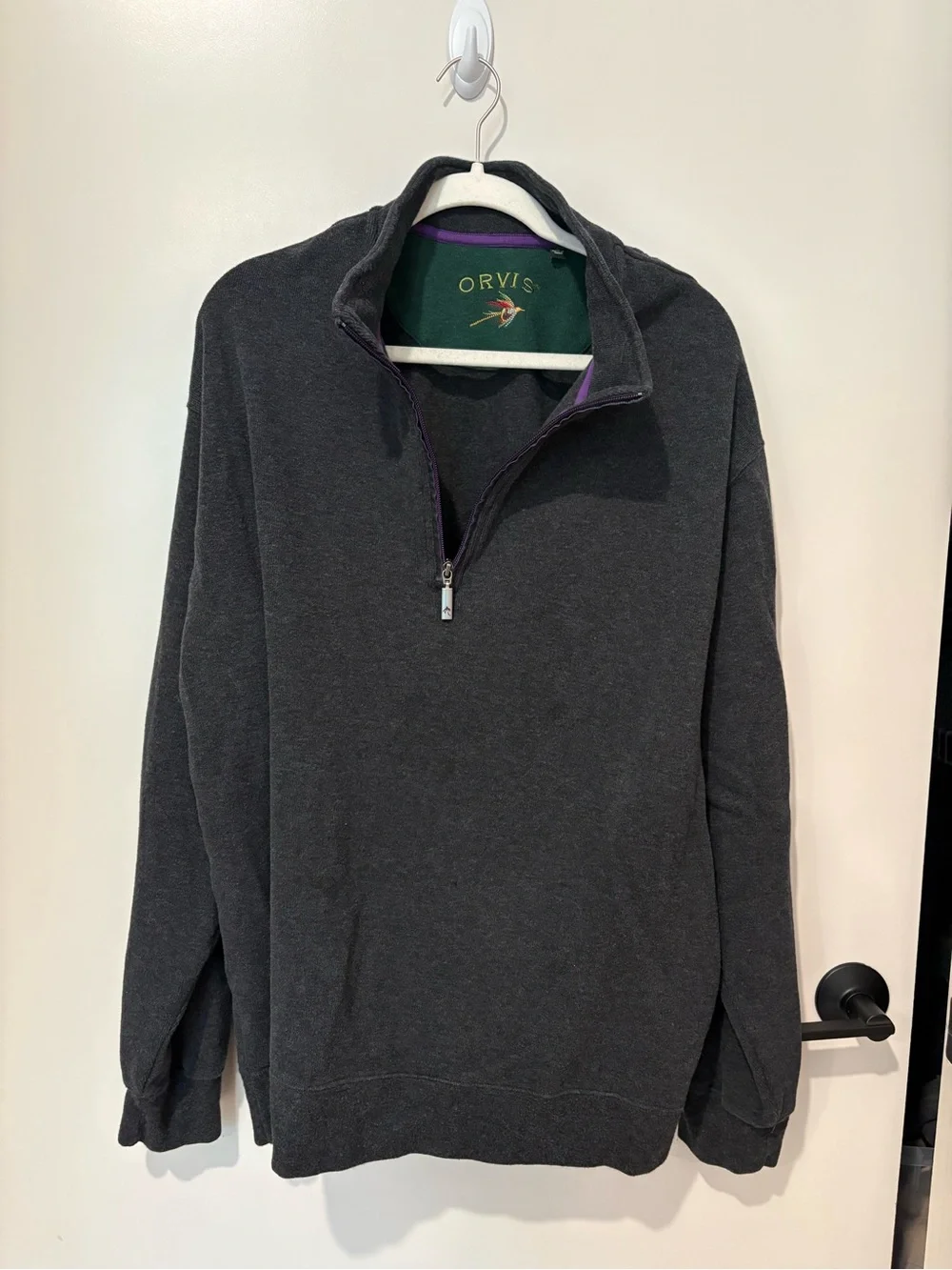 Orvis Men Fly Fishing Dark Gray 1/4 Zip Pullover Sweater Outdoor Sports Cotton
